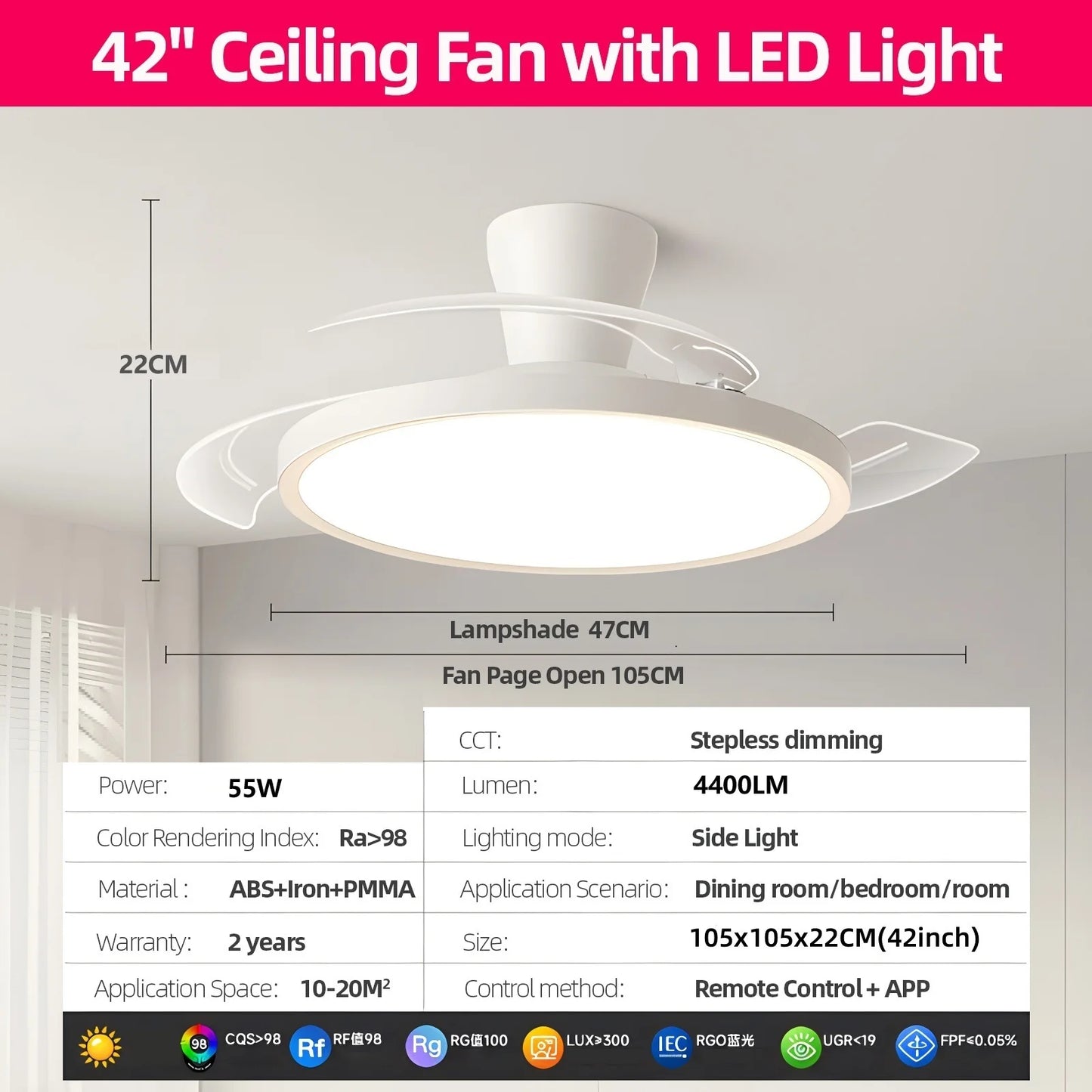 Jelena Ceiling Fan Fan with Light Bedroom Living Room Home Decoration Ceiling Fan Lamp Remote Control 6 Speed Silent Ceiling Fan