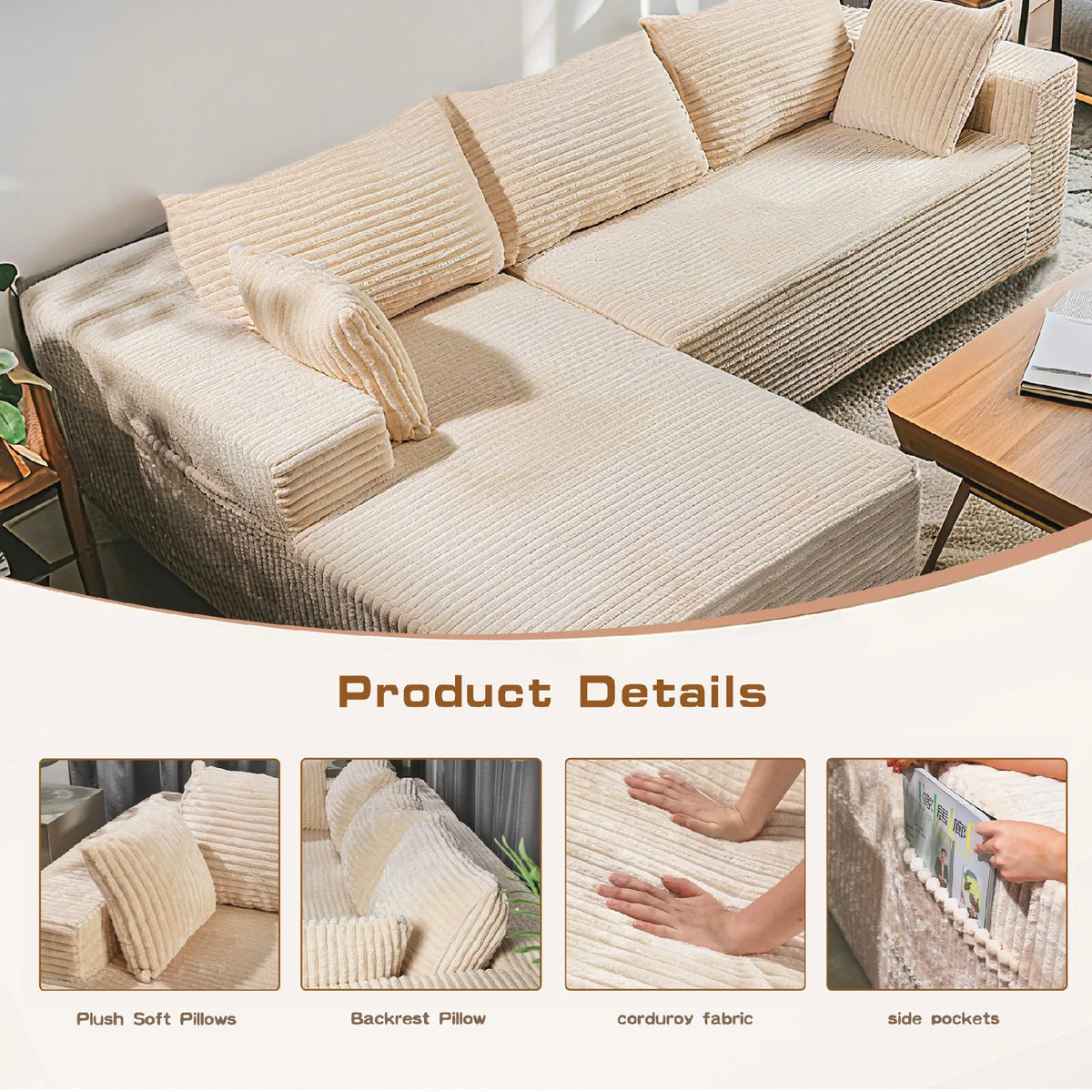 Relax in Comfort  Cloud-Like Corduroy Sectional Sofa with Chaise and Built-In Storage
