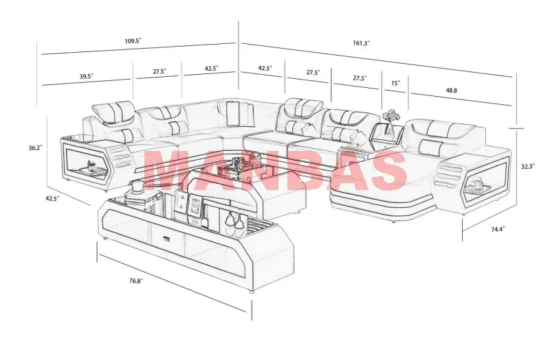Modern LED Light Genuine Leather Sectional Sofa Set with Storage Shelves, USB Charging Ports, Cup Holder and Contemporary Design