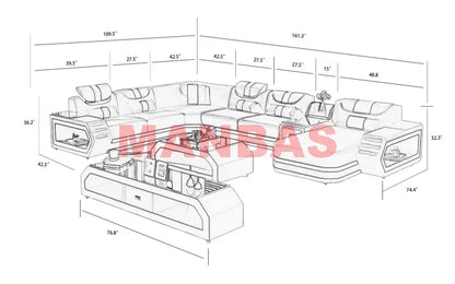 Modern LED Light Genuine Leather Sectional Sofa Set with Storage Shelves, USB Charging Ports, Cup Holder and Contemporary Design