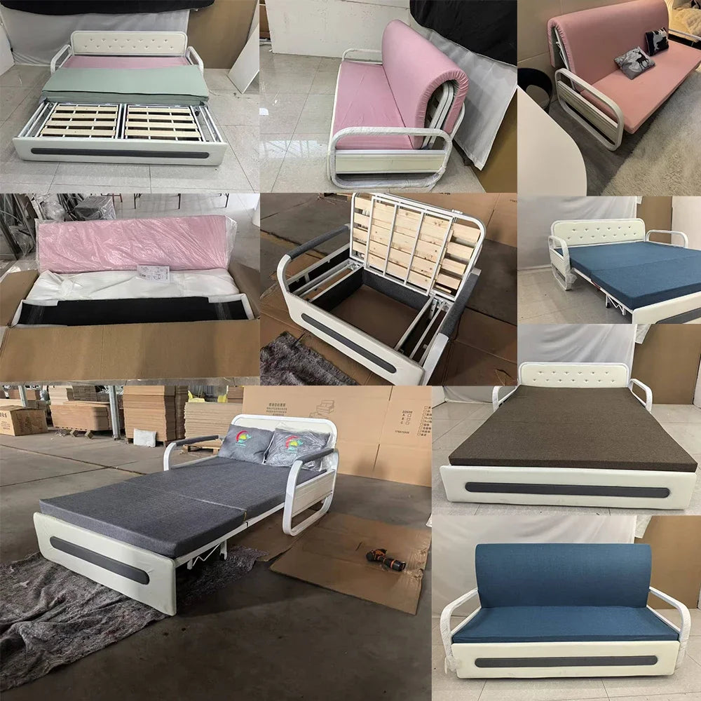 Modern Folding Sofa Bed with Fabric Upholstery Apartment Furniture Metal Frame Extendable for Living Room Dining Hotel Use