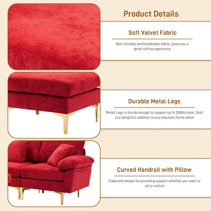 U-Shaped Sectional Sofa 114" Convertible L-Shape Chaise Ottoman Modular 4-Seat Sleeper Velvet Living Office Customized