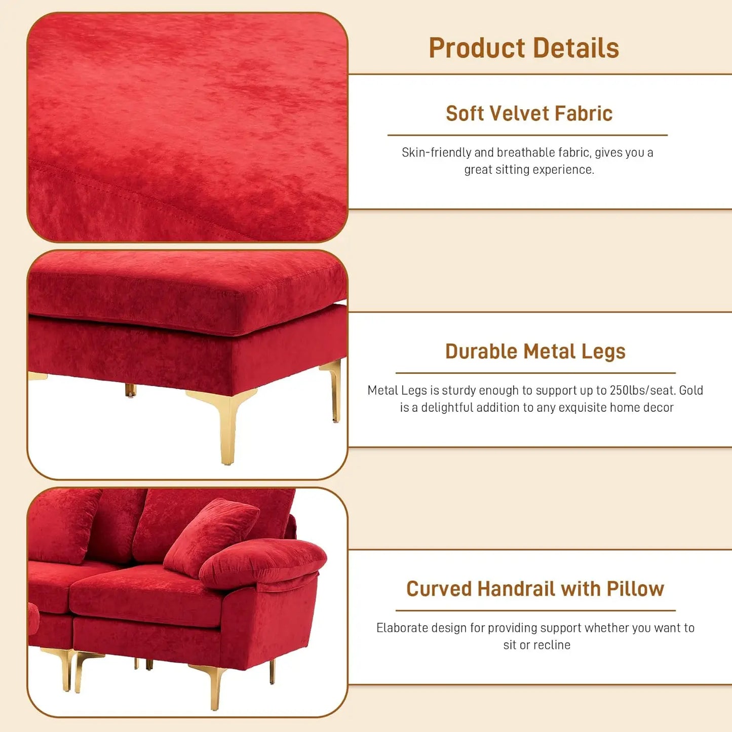 U-Shaped Sectional Sofa 114" Convertible L-Shape Chaise Ottoman Modular 4-Seat Sleeper Velvet Living Office Customized