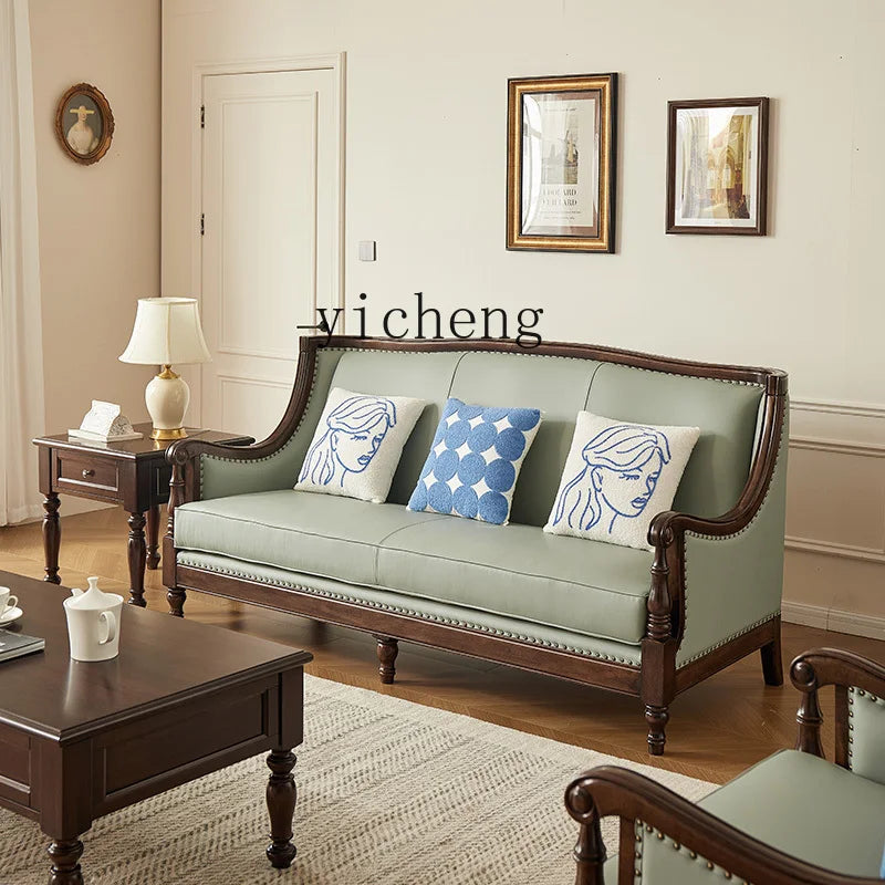 XL retro sofa walnut wood solid wood leather first layer cowhide combination sofa living room furniture