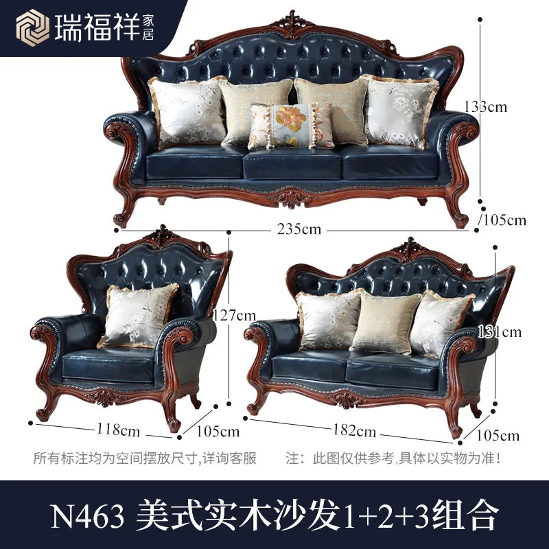 American all-solid wood leather sofa combination living room furniture large apartment European style