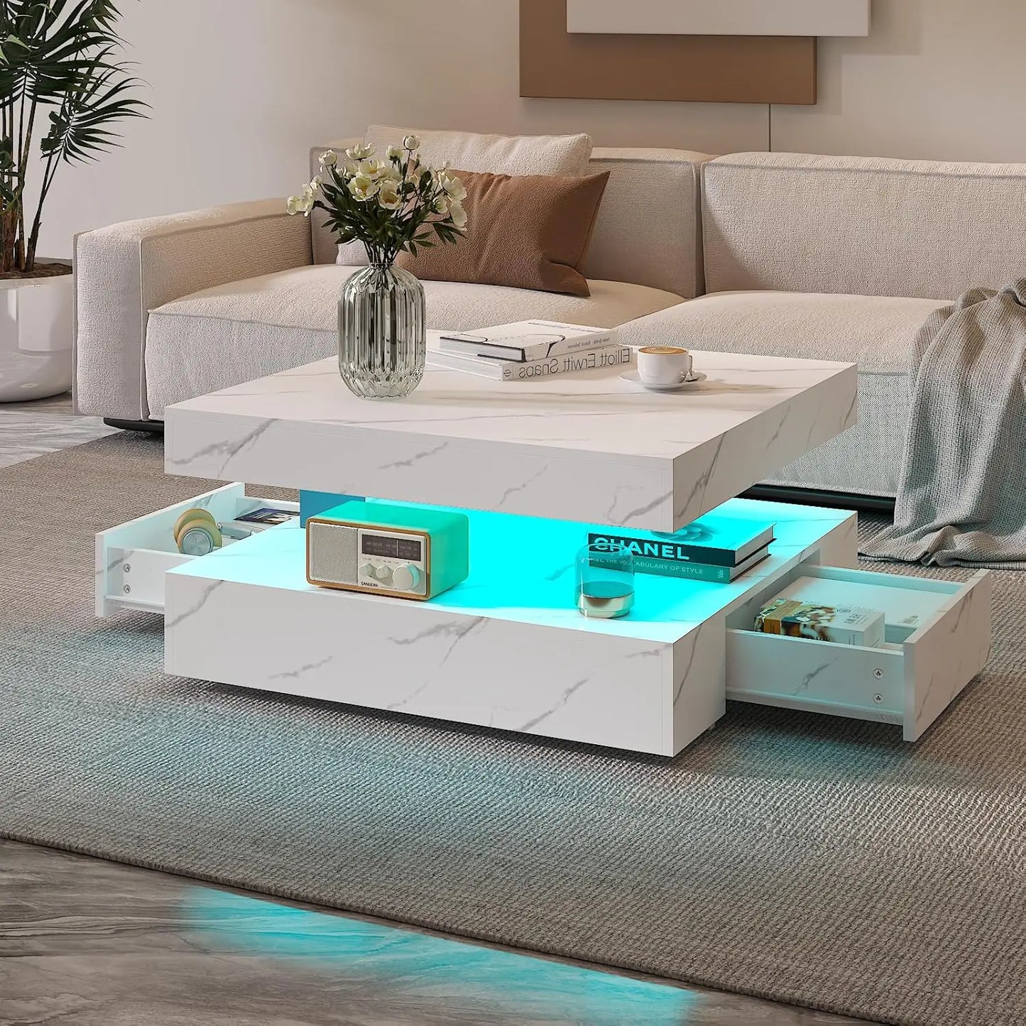 Red LED Coffee Table for Living Room, Living Room Table 2-Tier Square Modern High Glossy Contemporary Wood Coffee Tables