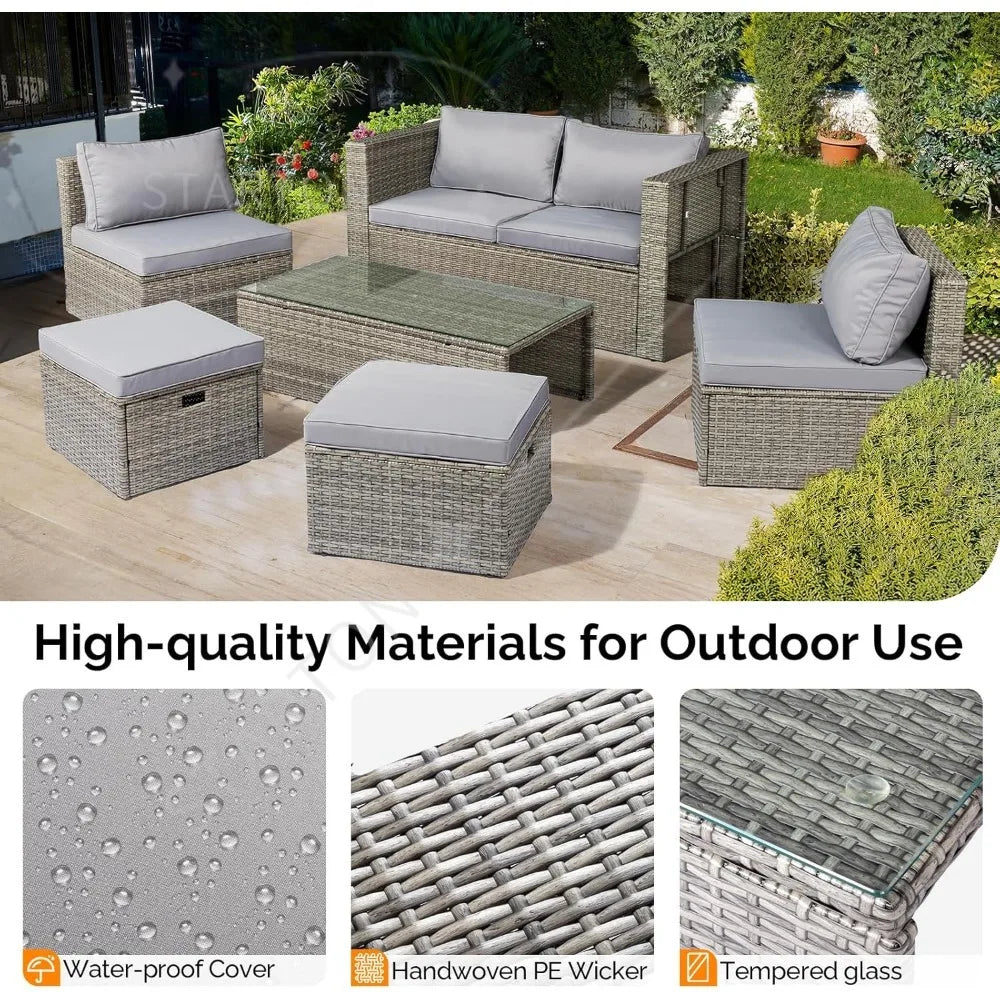 6-Piece Outdoor Wicker Sectional Furniture Set ，Space-Saving Design and Ottomans for Patio Conversation Area