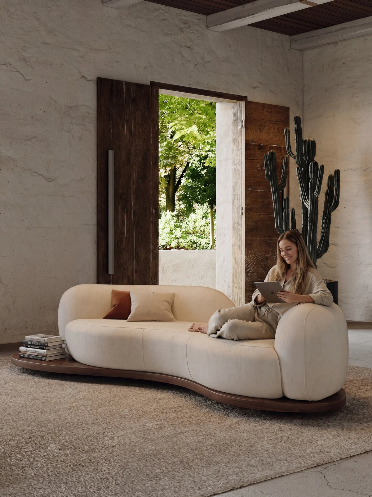 Medieval wabi-sandy wind solid wood curved living room small apartment hotel homestay reception sofa
