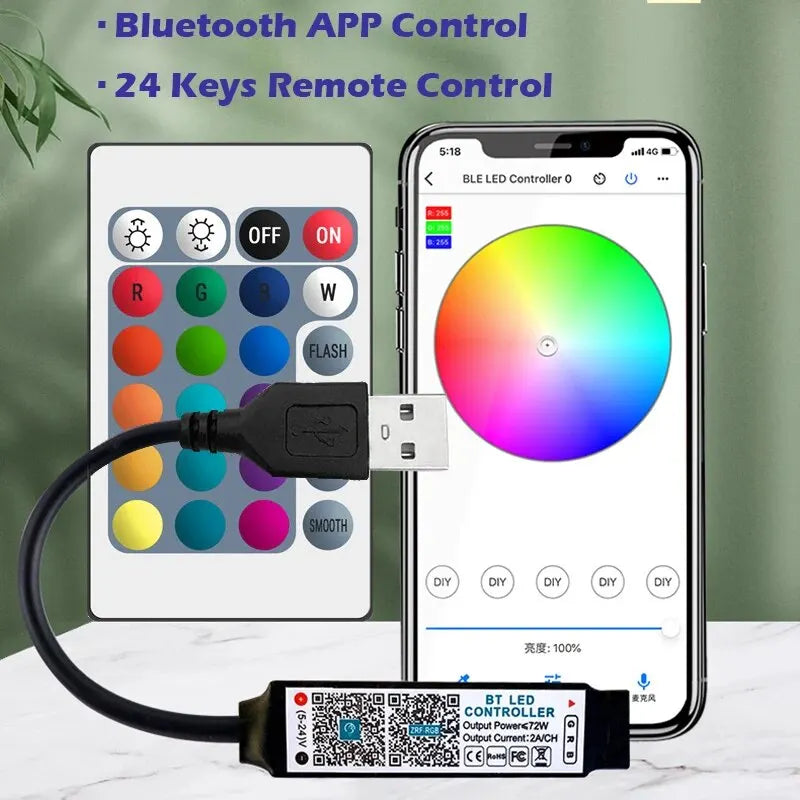 RGB LED Strip Controller Bluetooth APP Remote USB 5V-24V RF
