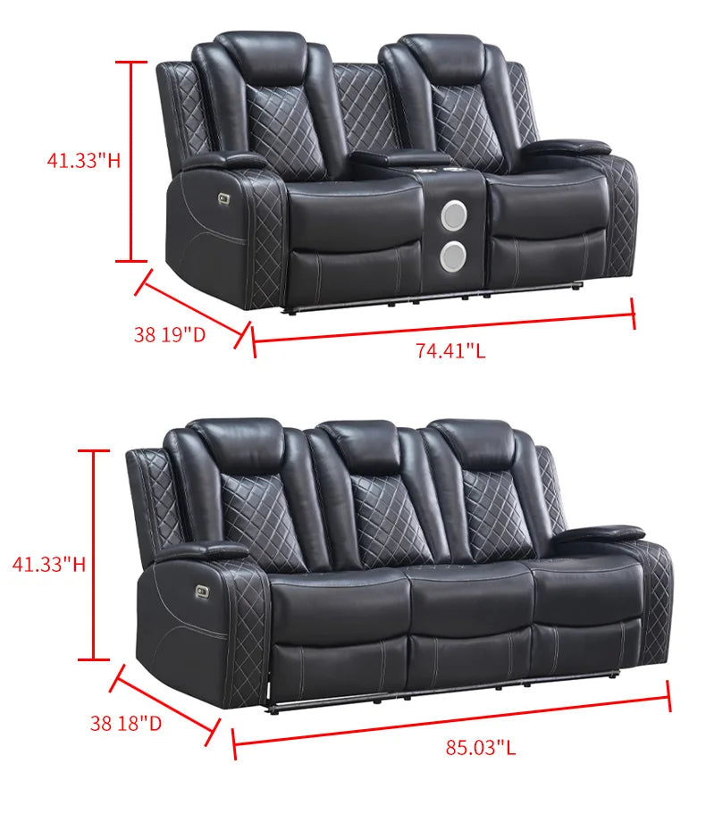 Power Reclining Sofa Couch with Wireless Charger 3 Seaters Recliner  Reading Light Leather Bluetooth Speaker Theater Seating LED