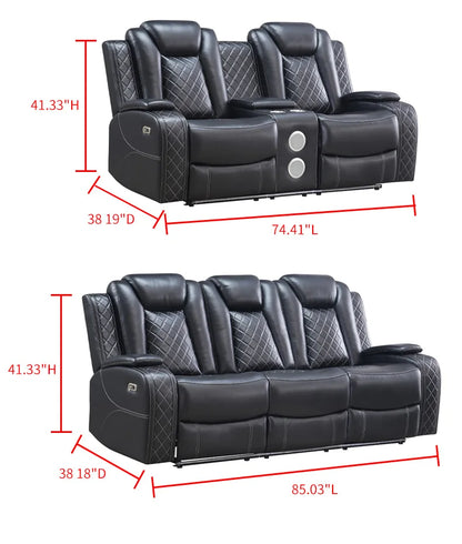 Power Reclining Sofa Couch with Wireless Charger 3 Seaters Recliner  Reading Light Leather Bluetooth Speaker Theater Seating LED