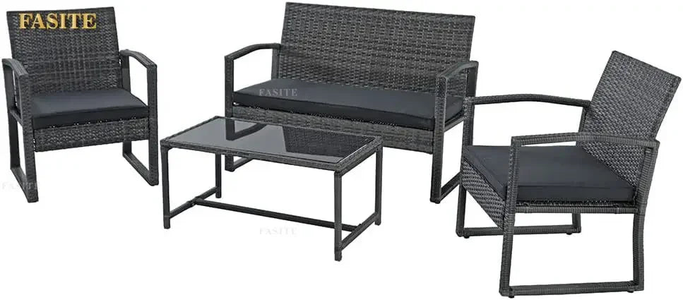 4pcs Outdoor Patio Furniture Set, Outdoor Wicker Conversation Set, Patio Rattan Chair Set, Modern Bistro Set with Coffee Table