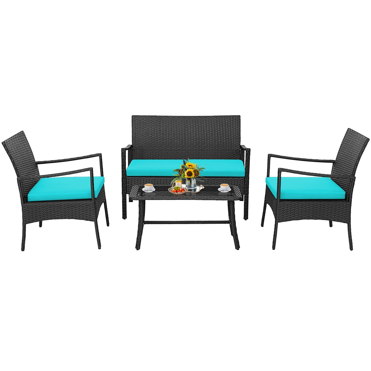 4PCS Patio Wicker Furniture Set Cushioned Chairs& Loveseat with Coffee Table Garden