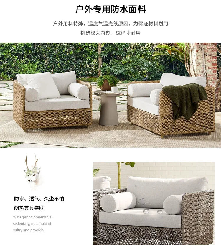 Asmt52 Southeast Asian Style Outdoor Rattan Sofa for Courtyard, Balcony, Garden, Terrace, Designer Sunroom, Leisure Rattan Sofa