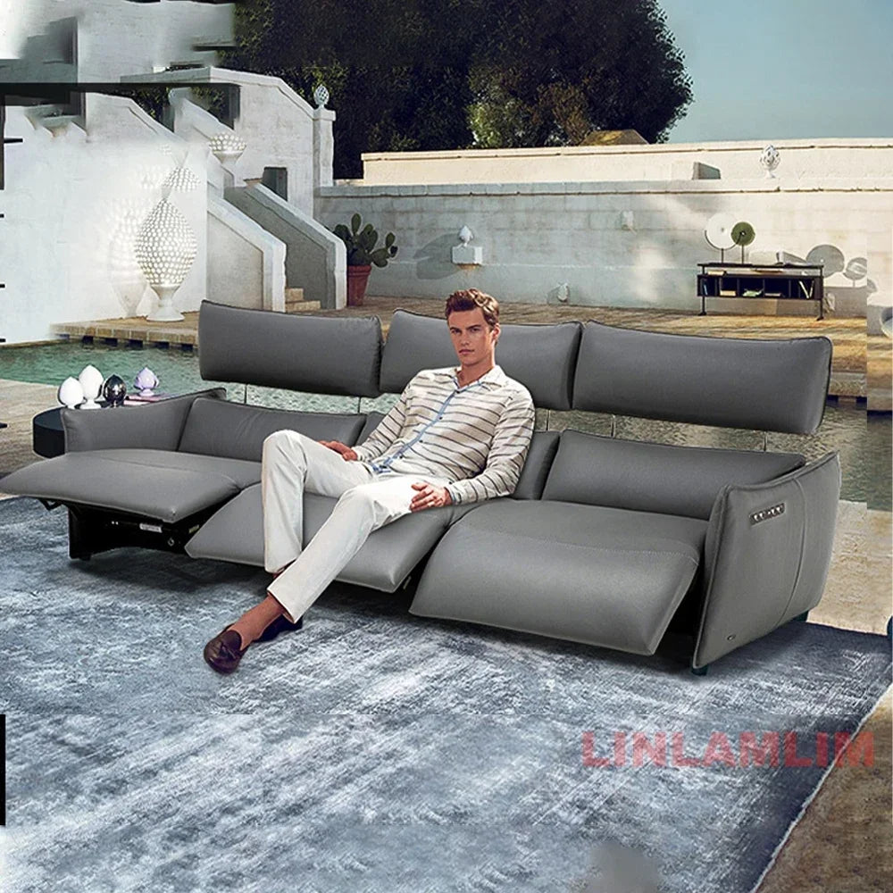 QY Dual Motor Power Reclining Genuine Leather Sectional Sofa with Adjustable Headrests, L-Shaped Corner Couch with Chaise Lounge