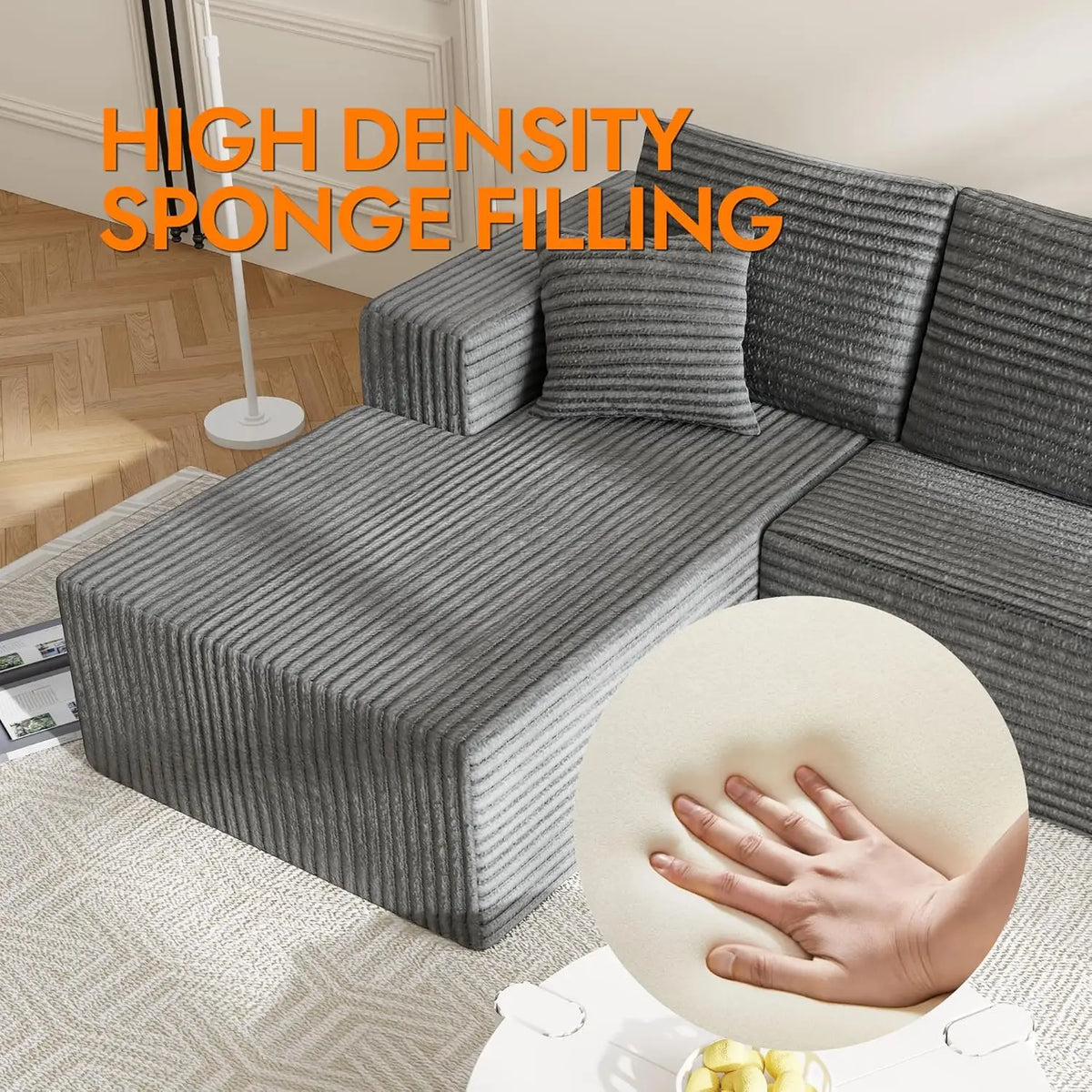 Boneless Couch For Living Room, Modular Sectional Sofa With L-Shape Chaise, Cloud Couch With Deep Seat, Modern Living Room Furni