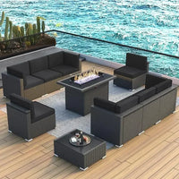 PatioLix 8 Piece Patio Furniture with 44"Propane Gas Fire Pit Table. Outdoor Sectional Conversation Set Wicker Rattan Sofa