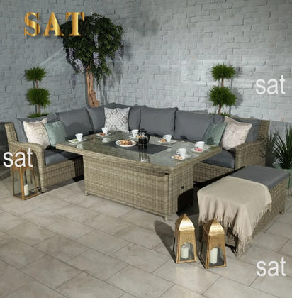 -Patio Furniture L Shape Wicker Lounge Set Garden Corner Sofa Sets With Firepit Table Outdoor Rattan Dining Table And Chair