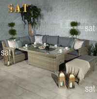 -Patio Furniture L Shape Wicker Lounge Set Garden Corner Sofa Sets With Firepit Table Outdoor Rattan Dining Table And Chair