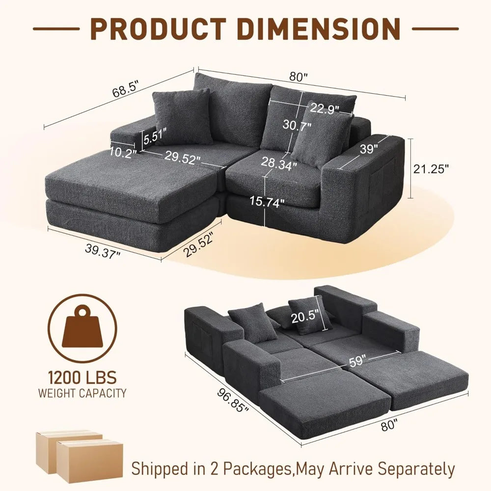 Sectional Couch with L-Shape Chaise, Modern Boneless Cloud Couch for Living Room, Sofa Bed with Deep Seat, No Assembly