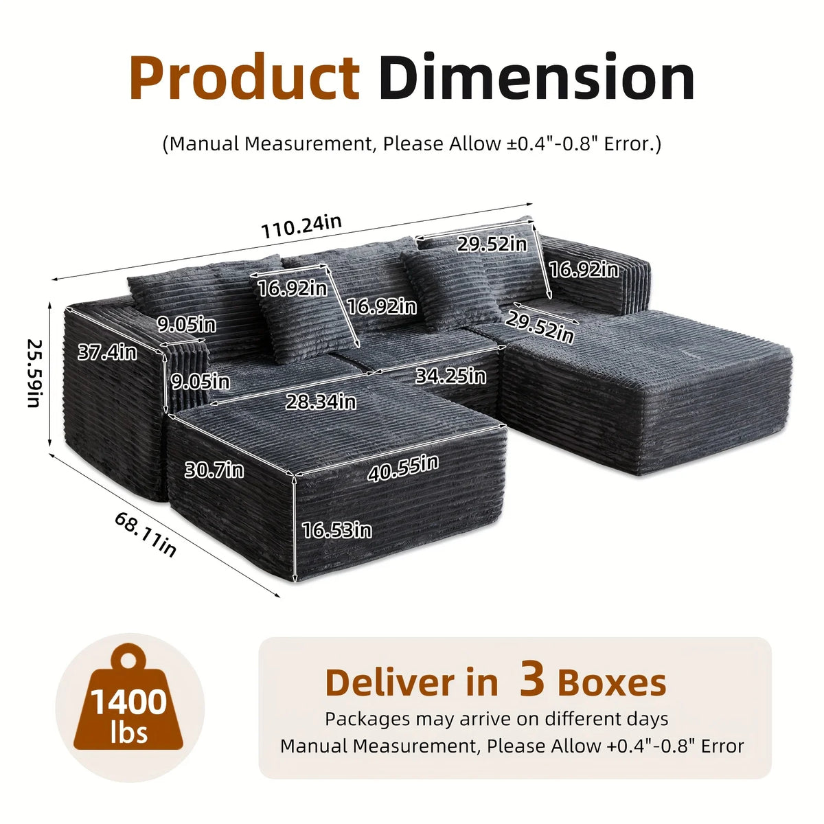 110.24-inch modular combination sofa U-shaped sofa with lounge chair striped fabric four-seater soft cushion sofa for living