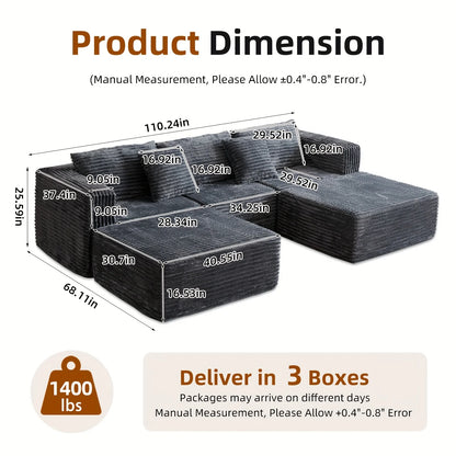 110.24-inch modular combination sofa U-shaped sofa with lounge chair striped fabric four-seater soft cushion sofa for living