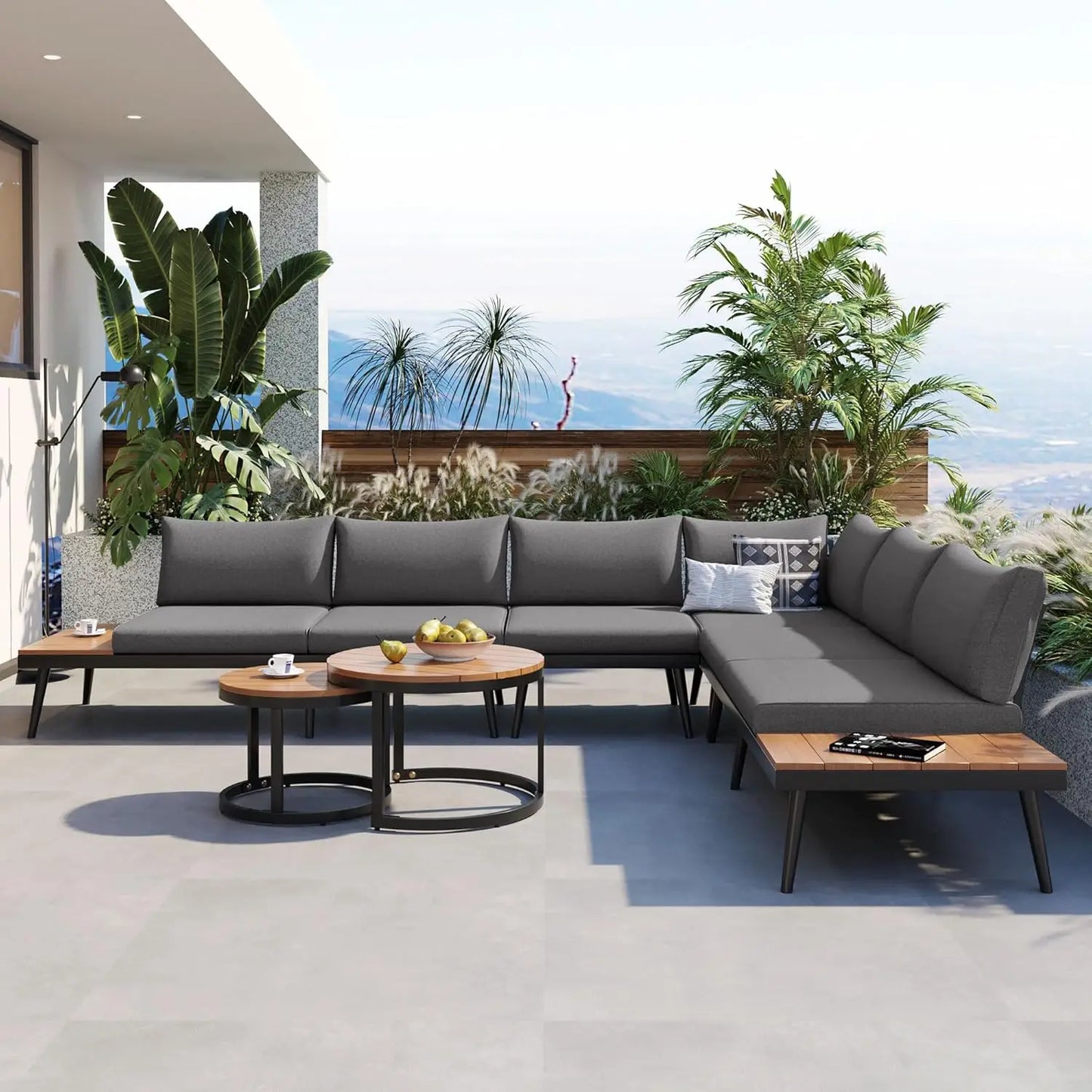 Modern L-Shaped Outdoor Conservation Sofa Set with Coffee Table, Acacia Wood Patio Sectional Sofa for Gardens,, Customized