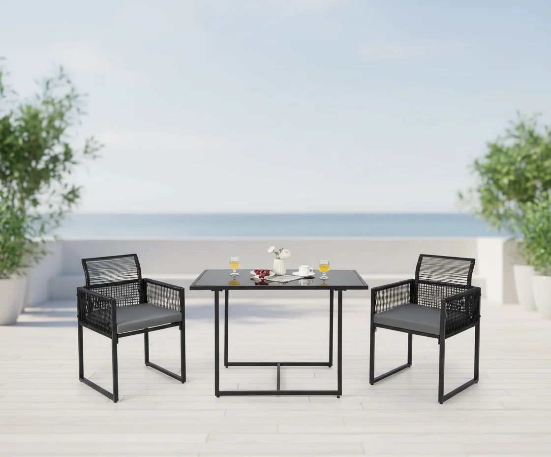 3-Piece Outdoor Dining Set with Folding Chairs, Cozy Cushions, and Tempered Glass Table for Backyard and Poolside