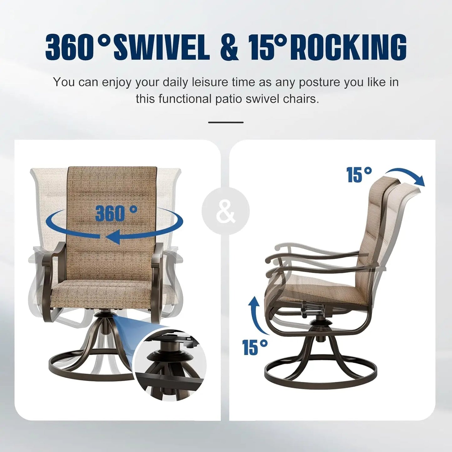 Patio Swivel Chairs Set of 2, Outdoor Dining Chairs High Back with Padded All Weather Breathable Textilene, Customized