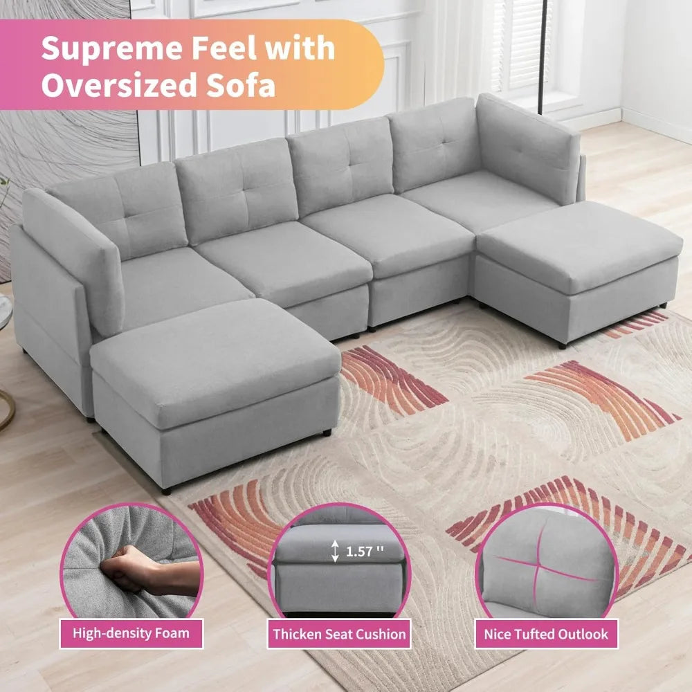 Modular Sectional Sofa, Convertible U Shaped Sofa Couch with Removable Ottomans, Button Tufted Design, 6 Seats Modular Sectional