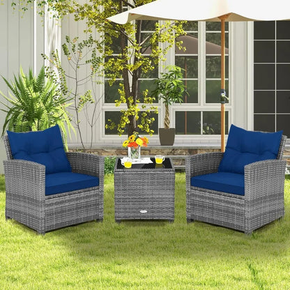 3 Piece Patio Furniture Set Outdoor Wicker Rattan Sofa with Cushions Coffee Table with Tempered Glass Conversation Sofa