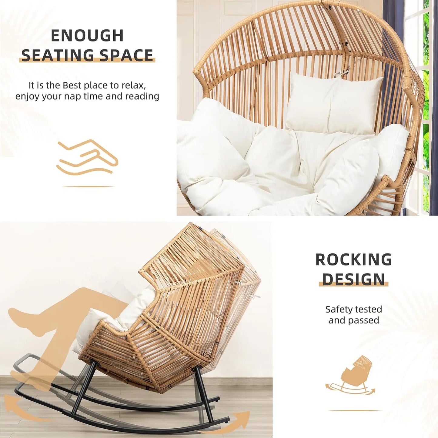 PE Rattan Egg Rocking Chair with Cushion, Oversized Patio Lounge Rocker for Outdoor Indoor Balcony Garden Beige