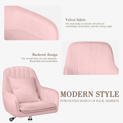 Mid Back Velvet Vanity Chair Swivel Rolling Desk Chair with Wheels, Modern Upholstered Makeup Chair for Women Girls, Computer Ta