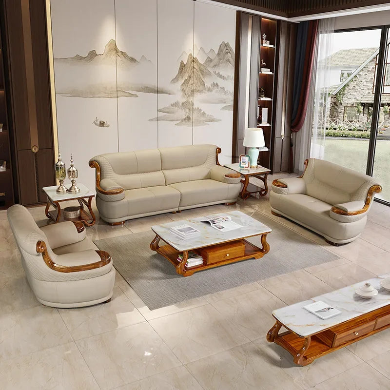 Modern simple ebony leather sofa new Chinese living room size apartment solid wood first layer cowhide new combination