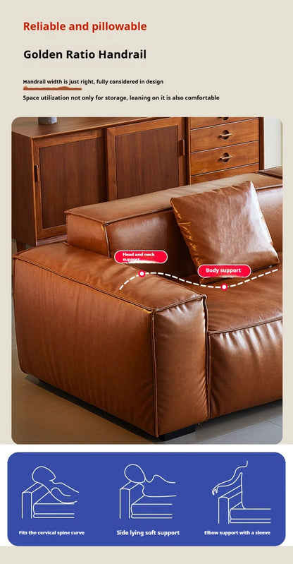 French Vintage Three-Person Genuine Leather Sofa Set in Ancient Caramel Tone for Small Living Rooms or Apartments