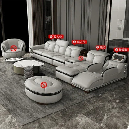 Smart Leather Sofa Massage for Left and Right Noblewomen, Cowhide Solid Wood Living Room Corner Small Unit
