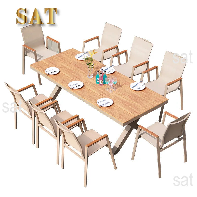 #Modern Outdoor Aluminum Chair Wood Metal Frame Villa Patio Garden Table Chair Set For Dining Courtyard Leisure