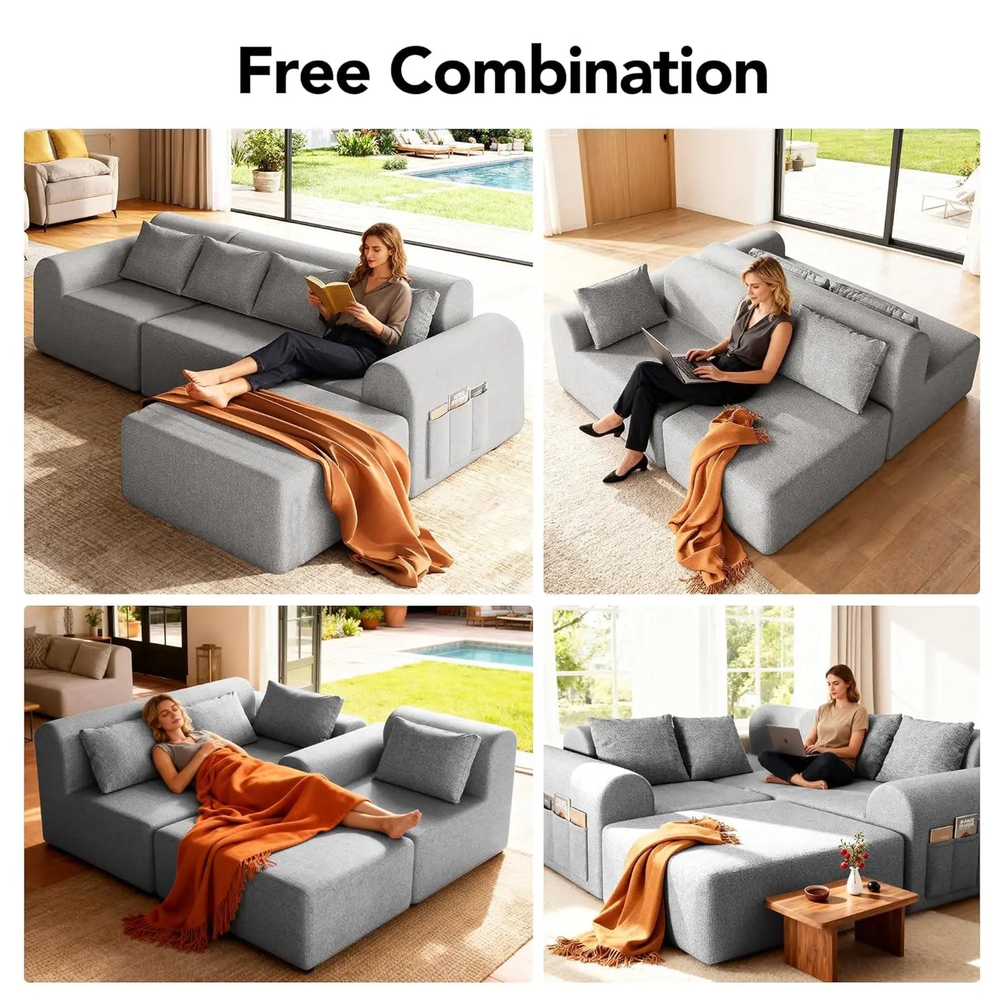 105.5" Cloud Boneless Sectional Sofa for Living Room, 4-Seater L-Shaped Comfy Couch with Ottoman, 4 Pillows, Deep, Customized