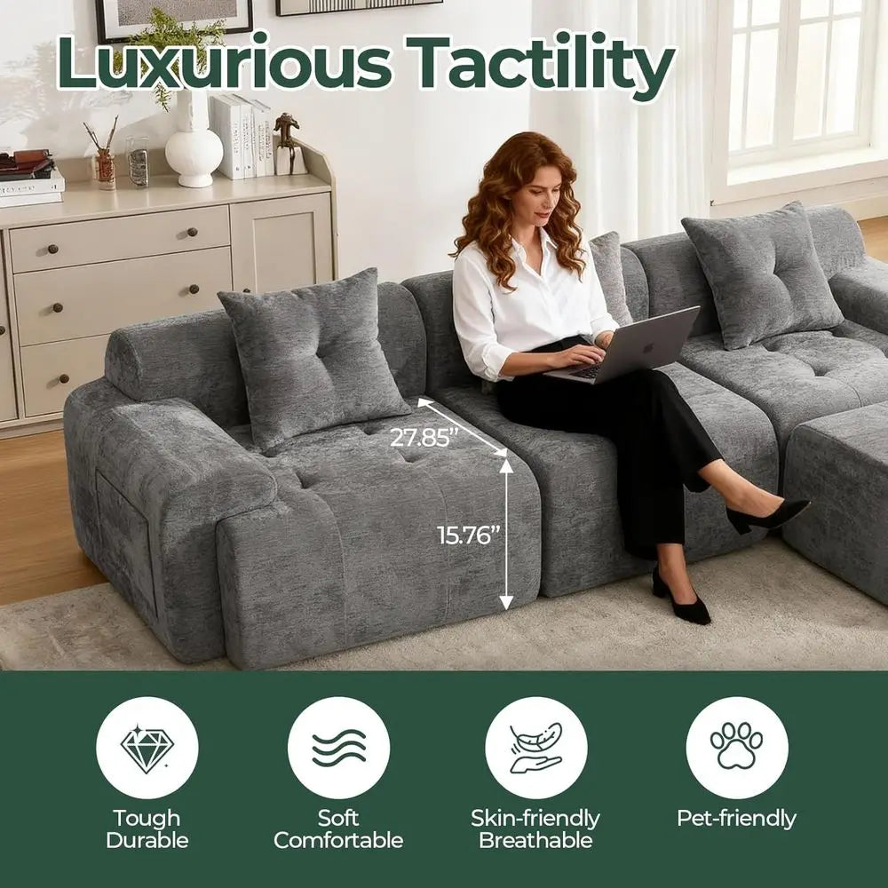 Modern Grey 3-Seater L-Shape Sectional Sofa with Movable Ottoman and Woven Texture Upholstery