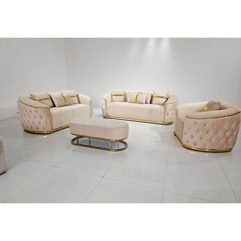 Modern Living Room Furniture Luxury Metal Frame 3 2 1 Seater Sectional White Velvet Fabric Sofa Set