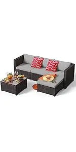 utdoor Rattan Conversation with Coffee Table for Garden Balcony Backyard Poolside (Grey Cushion)