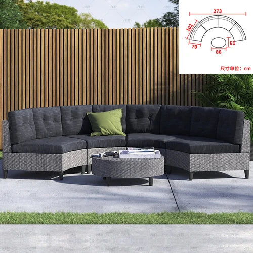 Sofa, courtyard, garden, leisure, outdoor living room, semi circular curved rattan chair, terrace, outdoor furniture combination