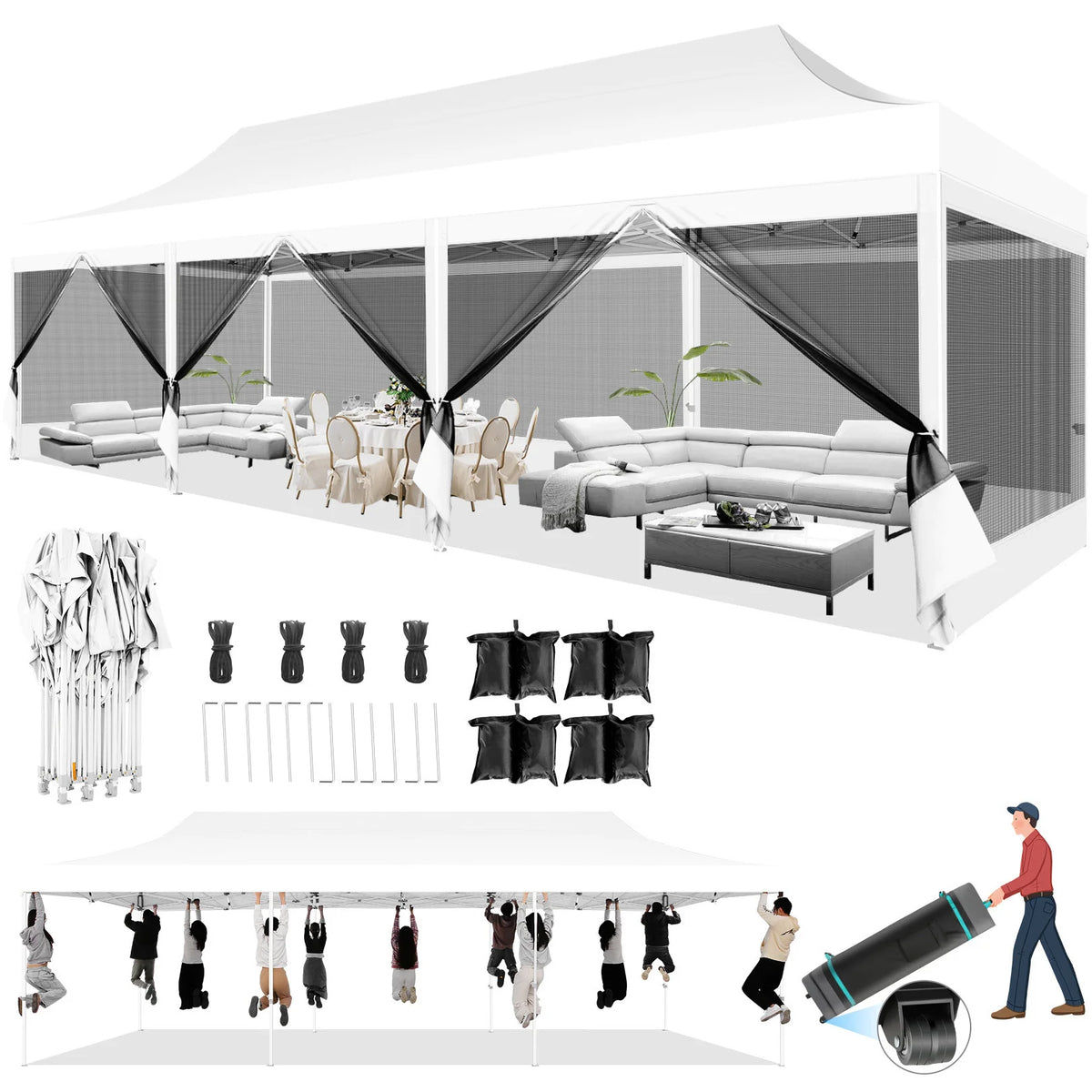 10x30FT Canopy Tent with 8 Sidewalls,Heavy Duty Pop up Canopy Party Tent with Mosquito Netting,Easy up Screen Canopy for Parties