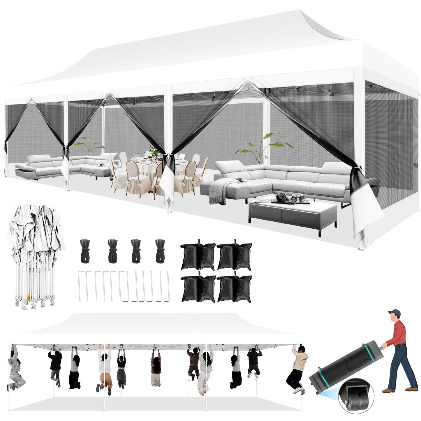 10x30FT Canopy Tent with 8 Sidewalls,Heavy Duty Pop up Canopy Party Tent with Mosquito Netting,Easy up Screen Canopy for Parties