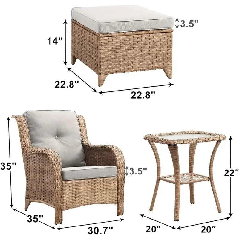 5-Piece Outdoor Rattan Conversation Set with 2 Rotating Rocking Chairs, 2 Foot Pads, and a Side Table
