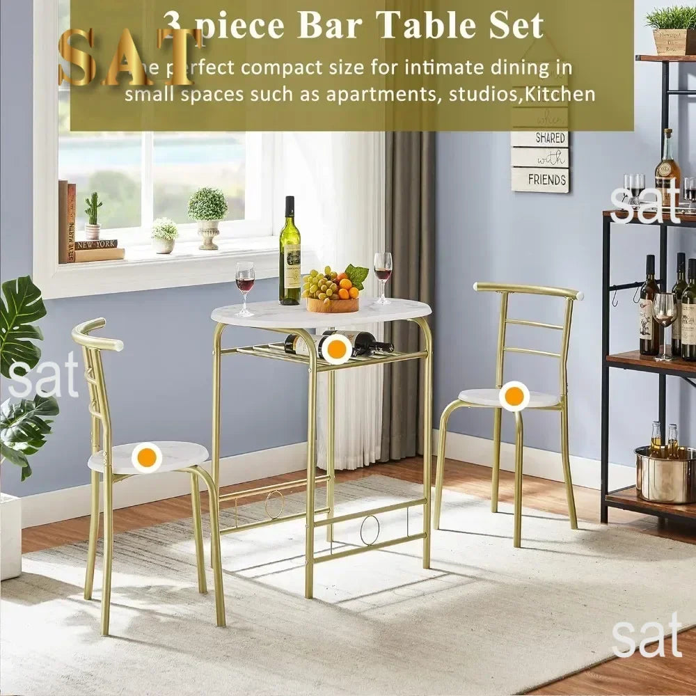 v 3 Piece Small Round Dining Table Set for Kitchen Breakfast Nook, Wood Grain Tabletop with Wine Storage Rack, Save Space, 31.