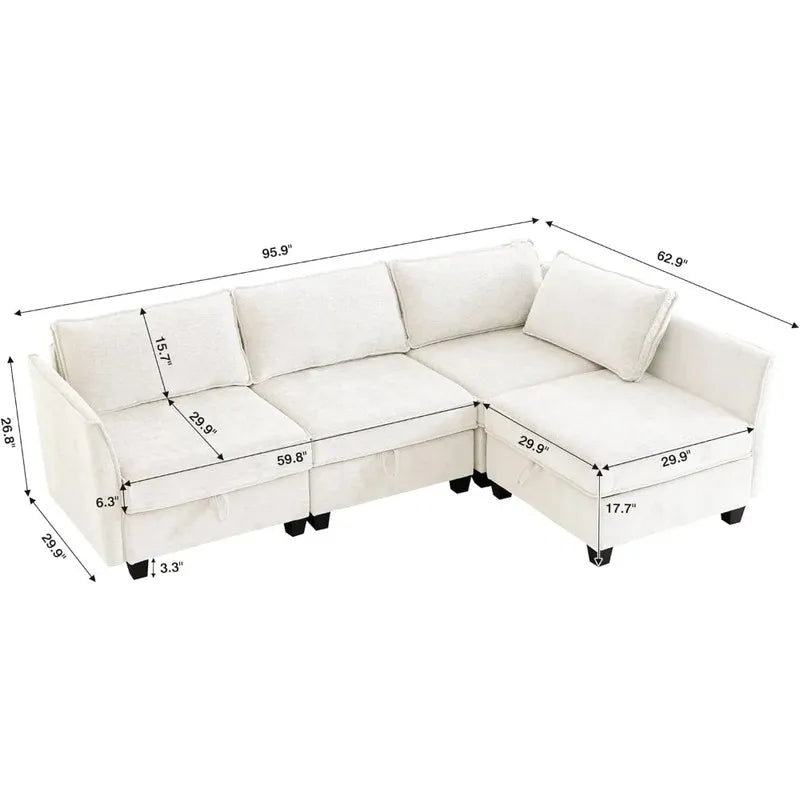 4 Seater Beige Modular Convertible L Shaped Sectional Sofa with Storage for Living Room or Office