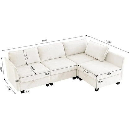 4 Seater Beige Modular Convertible L Shaped Sectional Sofa with Storage for Living Room or Office