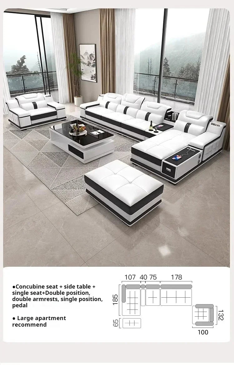 Luxury Italian Genuine Leather Sectional Sofa Set With Bluetooth Speaker And USB Ports Cow Leather Divano Living Room Furniture