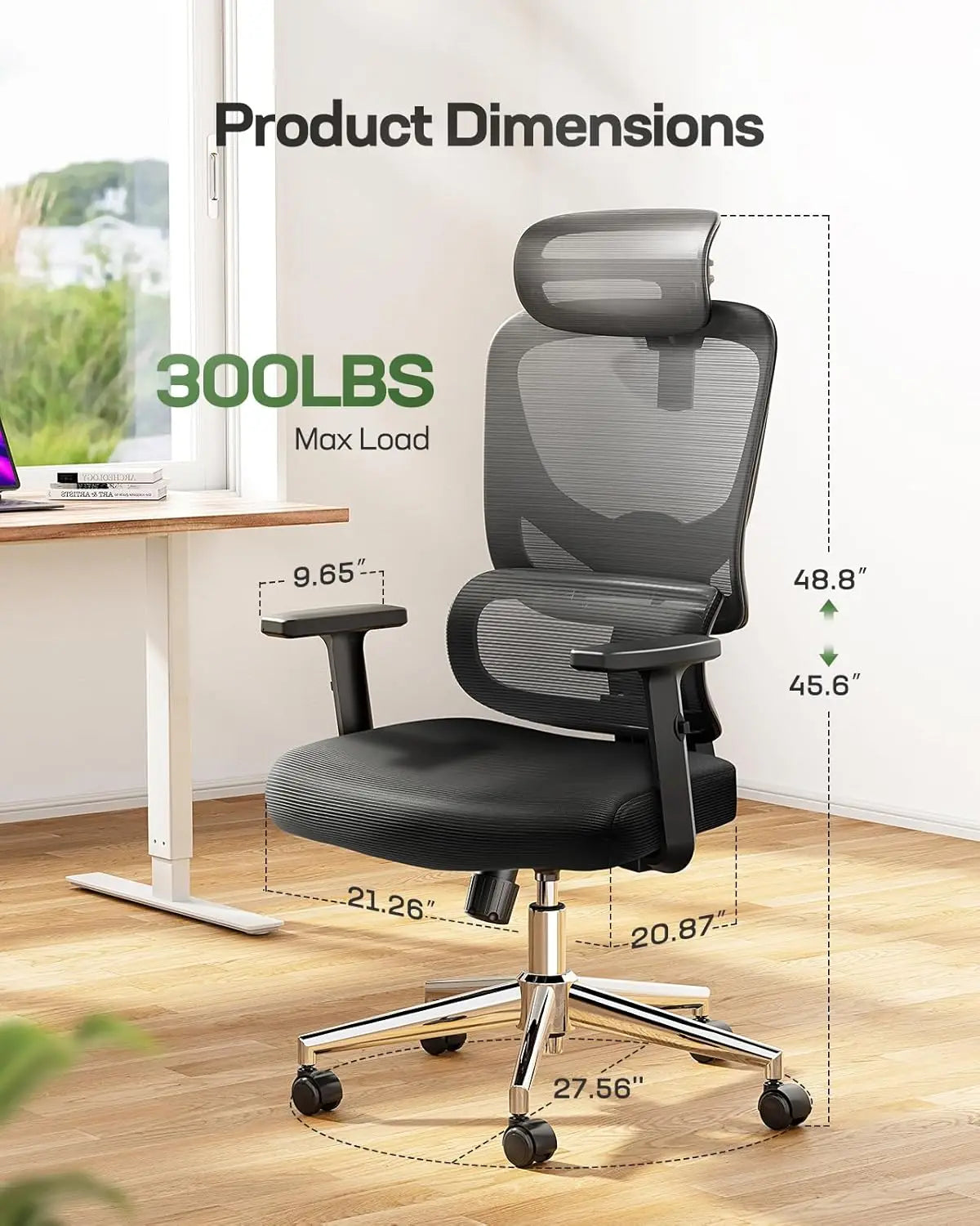 Ergonomic Office Chair with Adjustable Lumbar Support, Breathable Mesh Seat, Height and Armrest Adjustments, Black